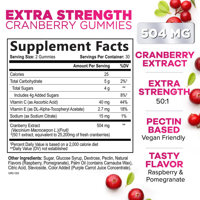 Cranberry Gummies 50:1 Cranberry Extract - Urinary Tract Support Made with 25,000mg, Helps Cleanse & Protect, Cran Berry Gummy Supplement + Vitamin C, Chewable Cran Pills for Women - 60 Gummies