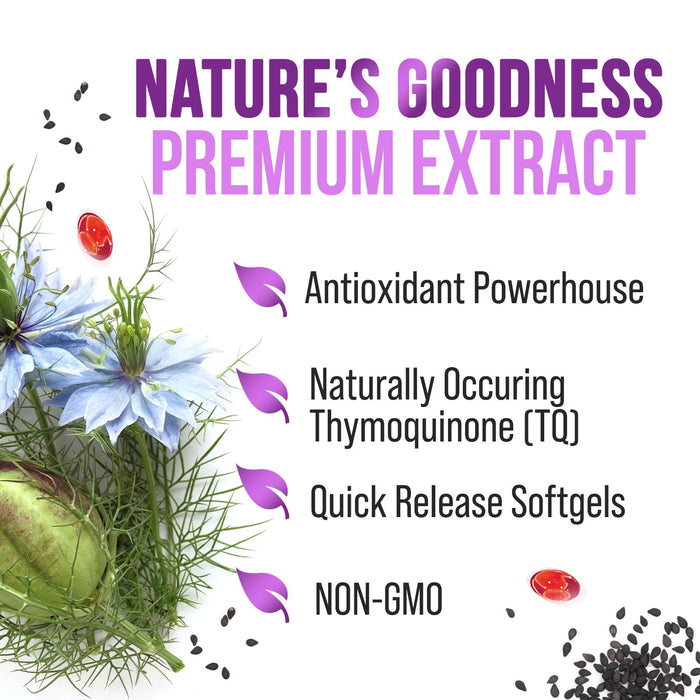 Black Seed Oil Capsules 1000mg with Thymoquinone - Pure Nigella Sativa for Skin Health & Immune Support, 100% Blackseed Oil, Amazing Extraction Above Cold Pressed Black Cumin Seed - 120 Softgels