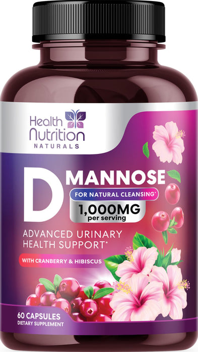 D-Mannose Supplement 1,350mg with Cranberry, Hibiscus & Dandelion - Fast-Acting, Natural Bladder & Urinary Tract Support for Women & Men – Flush & Cleanse Impurities – Non-GMO, Vegan – 60 Capsules
