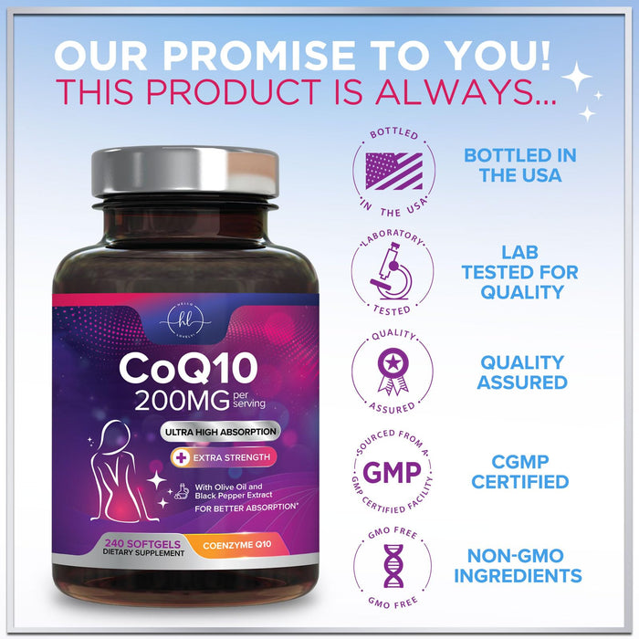 CoQ10 200mg Softgels - Ultra High Absorption, Antioxidant for Heart Health & Energy Production Support - Coenzyme Q10 (Ubiquinone) Co Q 10 Supplement and Vitamins 100mg Each - Non GMO - 240 Softgels
