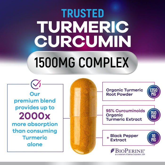 Turmeric Curcumin Supplement with BioPerine 95% Curcuminoids 1500mg with Black Pepper for Best Absorption - Best Natural Vegan Joint Support - Bottled in USA, Non-GMO, Organic Tumeric - 120 Capsules
