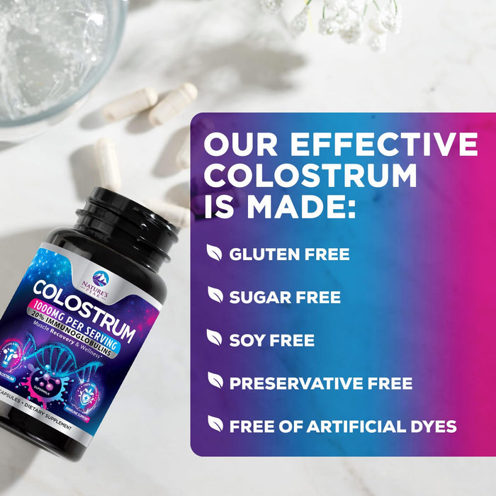 Colostrum Supplement 1000mg 20% Immunoglobulins for Gut Health, Immune Support, Muscle, Skin & Hair Growth, Bovine Colostrum Powder, Nature's Colostrum for Women & Men, Bottled in USA - 120 Capsules