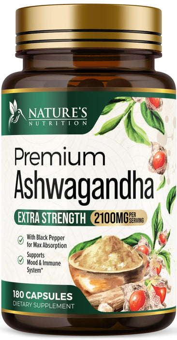 Ashwagandha Capsules for Women & Men - 2100mg Ashwagandha Supplement, Natural Antioxidant Support, Ashwa Root Extract, Extra Strength Calm Support with Black Pepper, Vegan & Gluten Free - 180 Capsules