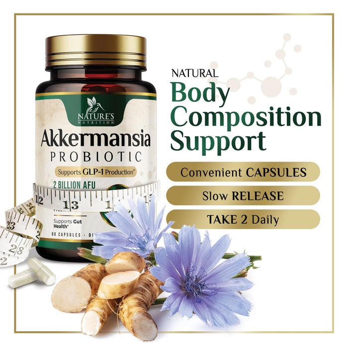 Akkermansia Probiotic Supplement for Women & Men, Akkermansia Muciniphila GLP 1 Probiotics with Prebiotic, 2 Billion AFU, Natural Digestive, Gut Health, & GLP 1 Production Support, 60 Capsules