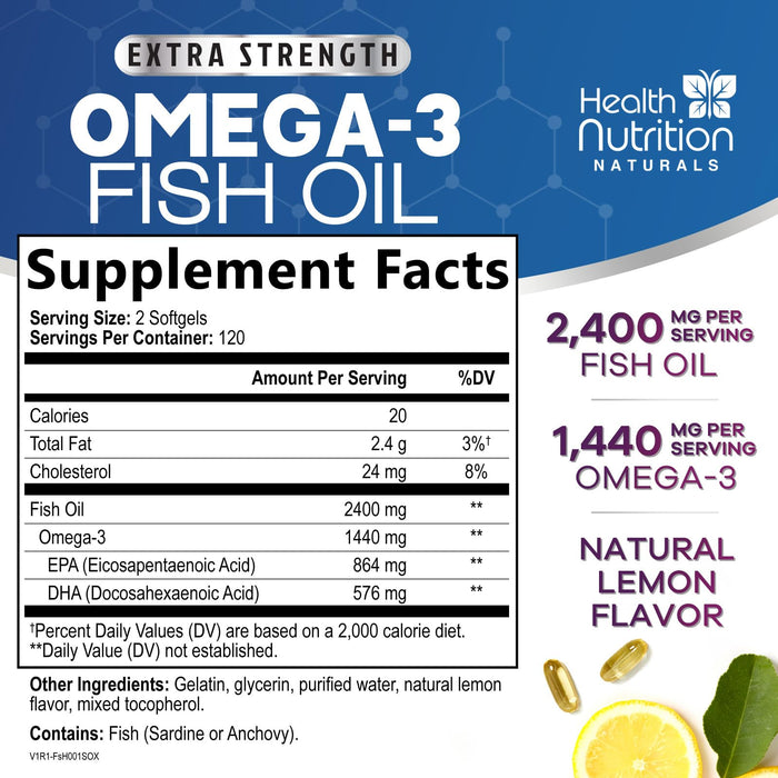 Omega 3 Fish Oil 2400mg - Triple Strength EPA + DHA - 240 Softgels