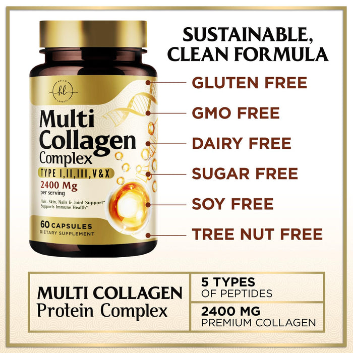 Multi Collagen Peptides for Women – 2400mg Best Hydrolyzed Collagen Complex with 5 Types (I, II, III, V, X) - Grass Fed – Hair, Skin, Nail, Bone & Joint Support for Beauty & Wellness – 60 Capsules