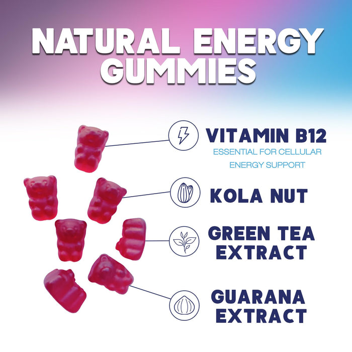 Energy Gummies 1000 mcg Vitamin B12, Green Tea Natural Caffeine Support, Daily Energy Gummies Vitamins, Delicious Berry Flavor B12 Chewable Exercise Supplement for Running Cycling & Sports - 60 Chews