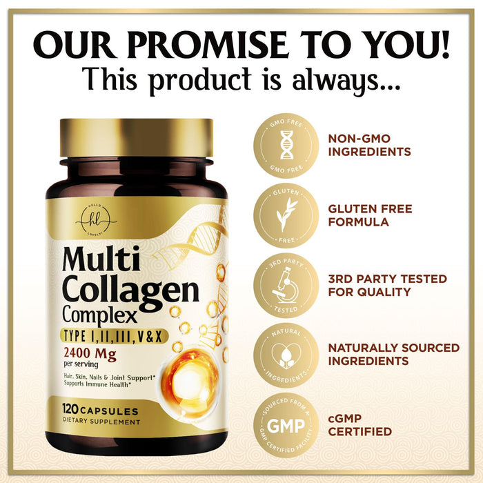 Multi Collagen Peptides for Women – 2400mg Best Hydrolyzed Collagen Complex with 5 Types (I, II, III, V, X) - Grass Fed - Hair, Skin, Nail, Bone & Joint Support for Beauty & Wellness – 120 Capsules