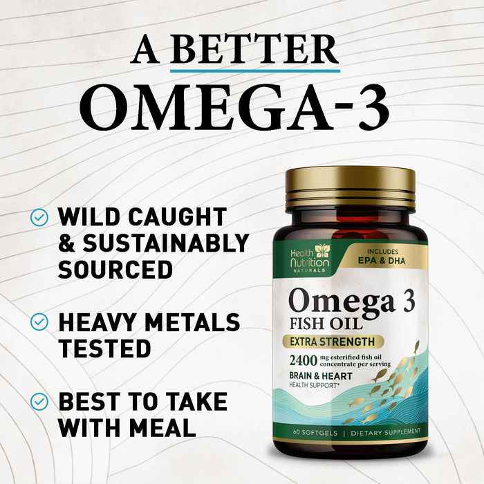 Omega 3 Fish Oil Triple Strength 1200 mg, Omega-3 Supplements, Natural Brain Heart Health & Immune Support - Fatty Acids with EPA & DHA - Wild Caught Purified Fish Oil Supplement - 60 Softgels