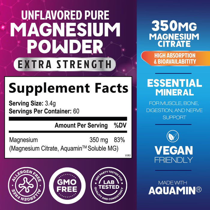 Magnesium Powder Supplement - Magnesium Citrate Powder Drink Mix Unflavored - Mag Citrate & Aquamin Supplements for Bone, Heart & Muscle Support, Sugar Free, Gluten Free, Vegan - 60 Servings