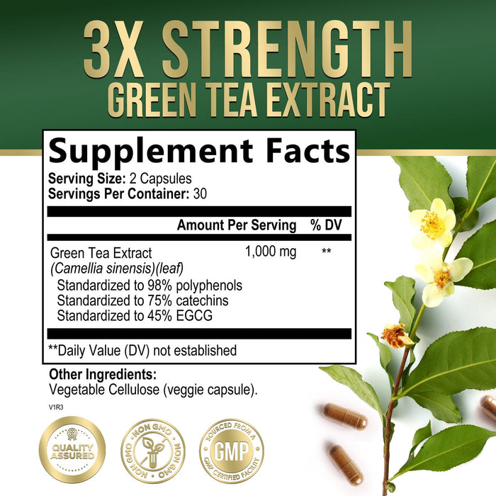 Green Tea Extract Capsules 1000 mg - Standardized 45% EGCG & 98% Polyphenols - 3X Strength Green Tea Pills for Natural Energy - Supports Heart Health, Herbal Supplement, Vegan, Non-GMO - 60 Capsules