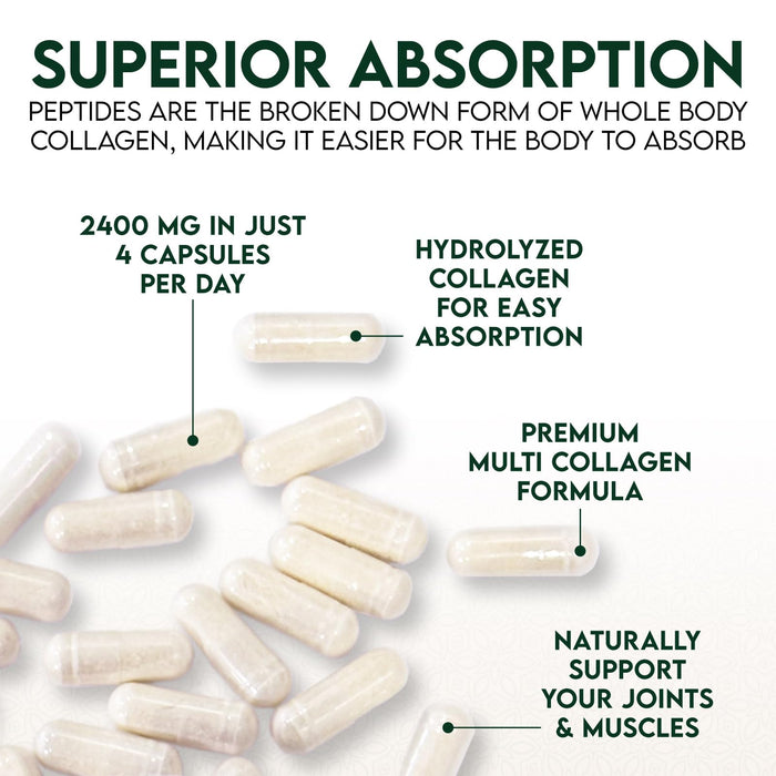 Multi Collagen Peptides Supplement 2400 mg, Types I, II, III, V & X Multi Collagen Pills Complex, Hydrolyzed Collagen Peptides Supplements, Hair, Skin, Nail, and Joint Support Supplement, 120 Capsules
