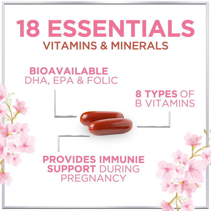 Prenatal Vitamins For Women With Folic Acid, DHA & Iron - Women's Prenatal Multivitamin, Essential Pre Natal Vitamins with Folate, Omega 3, D3, B12, Pregnancy Supplement for Mom & Baby - 120 Softgels