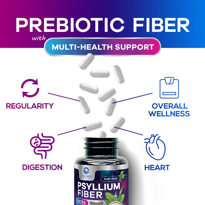 Psyllium Husk Fiber Supplement 1500mg - Vegan Prebiotic, Soluble Fiber for Daily Digestive Health & Regularity Support, Natural Psyllium Powder Caps, Sugar-Free, Non-GMO & Gluten-Free - 120 Capsules