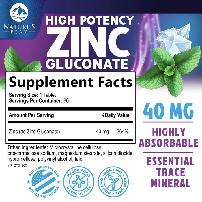 Zinc Supplement 40mg - Immune Support for Women & Men - High Potency Antioxidant, Chelated for Superior Absorption, Dietary Supplement Vitamin for Immune Health Support - 60 Tablets (60 Day Supply)