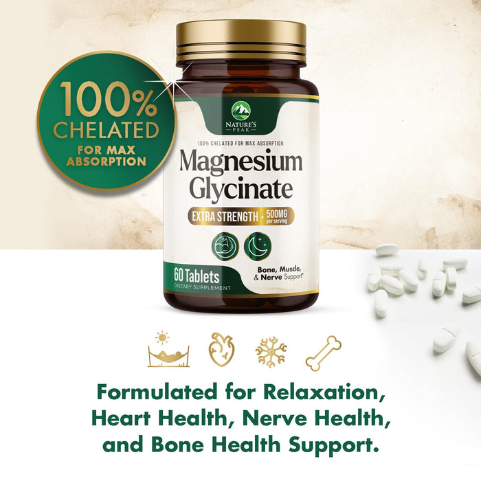 Magnesium Glycinate 500mg - Chelated for Ultra Absorption - Supports Bone, Muscle, Nerves & Heart Health, Nature's Sleep Support, Best Magnesium Supplement Pills for Whole Body Support - 60 Tablets