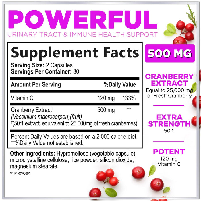 Cranberry Supplement 25,000mg Formula + Vitamin C – Urinary Tract Health Support for Women & Men, 50:1 Whole Fruit Cranberry Extract Pills for Women, Sugar-Free, Non-GMO, Gluten-Free - 60 Capsules