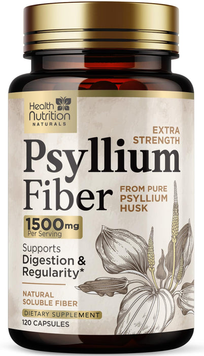 Psyllium Husk Fiber Caps 1500mg Supplement - Psyllium Husk Capsules Daily Support Digestive Health & Regularity, Nature's Plant Based Husks Natural Soluble Fiber Pills, Vegan, Non-GMO - 120 Capsules
