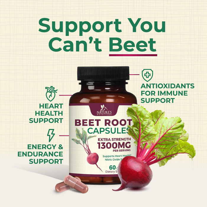 Beet Root Capsules 1300mg - Extra Strength Red Beetroot Powder Supplement – Supports Nitric Oxide Production, Heart Health & Natural Energy – Non-GMO, Vegan, Gluten Free – 60 Veggie Capsules