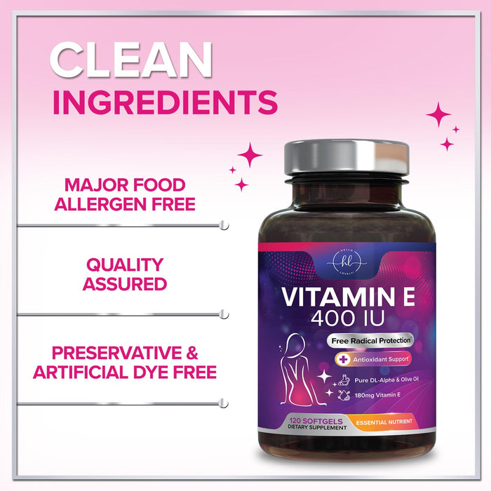 Vitamin E for Women and Men - 180 mg (400 IU) dl-Alpha - Powerful Antioxidant Dietary Supplement - Hair, Skin, & Immune Health Support - Easily Absorbed Form, Non-GMO & Gluten Free - 120 Softgels
