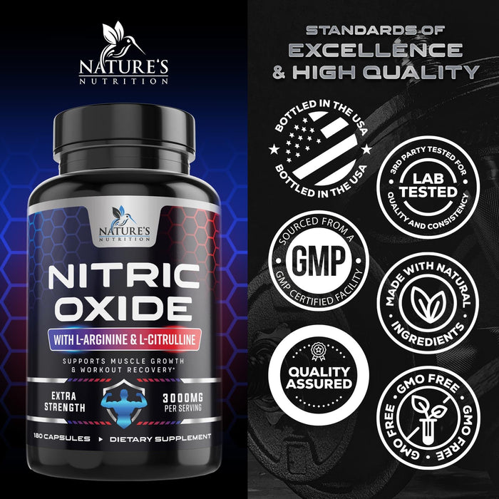 Nitric Oxide Booster Extra Strength 3000mg - L Arginine 3X Strength Nitric Oxide Supplements for Men and Women, Citrulline, Supports Muscle, Heart Health & Energy Supplement, Non-GMO - 180 Capsules