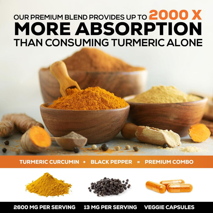 Turmeric Curcumin Supplement with BioPerine 95% Curcuminoids 2600mg with Black Pepper for Best Absorption, Bottled in USA, Best Natural Vegan Joint Support, Nature's Non-GMO Tumeric - 240 Capsules