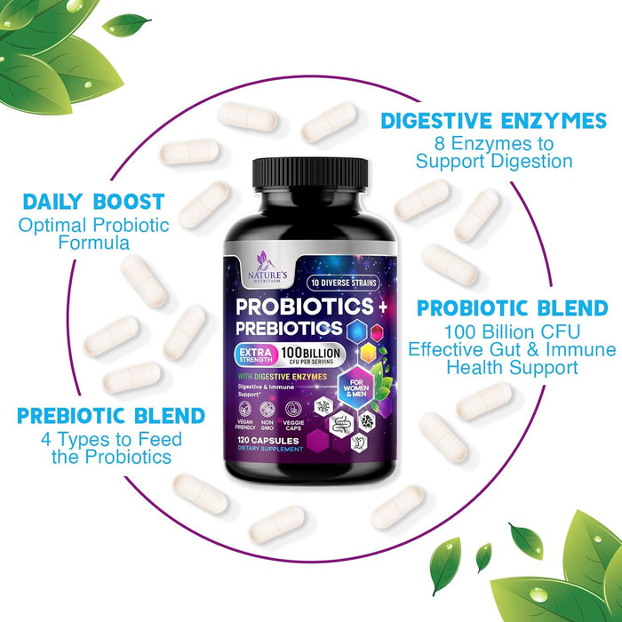 Probiotics for Women & Men 100 Billion CFU - 10 Strains with Lactobacillus, Digestive Gut Health Probiotics & Immune Support Supplement, Supports Occasional Constipation, Gas & Bloating - 120 Capsules