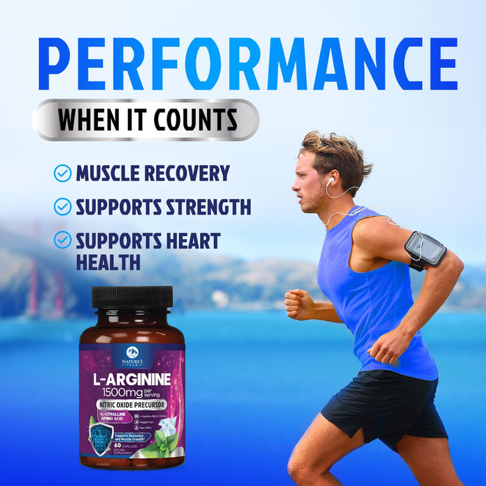 L-Arginine 1000mg Supplement - Heart Health Support - Premium Muscle Supporting Nitric Oxide Precursor Booster for Extra Strength - Gluten Free, Amino Acid Energy Blend For Men & Women - 60 Capsules