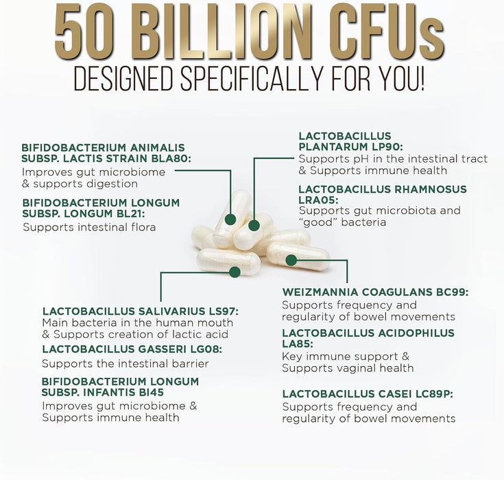 Probiotics 50 Billion CFU + 10 Strains - Daily Probiotic Lactobacillus Blend for Immune, Digestive & Gut Health Support, Prebiotics and Probiotics, Gas & Bloating for Women & Men - 120 Capsules