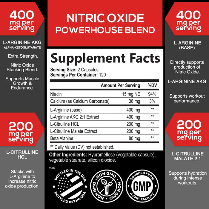 Nitric Oxide Booster with L-Arginine + Citrulline + Beta Alanine - 240 Capsules