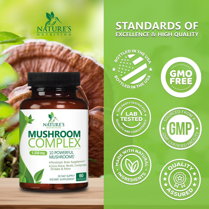 Mushroom Supplement Nootropic 1330mg - 10 in 1 High Strength Brain Supplements Mushroom Complex with Lions Mane, Turkey Tail, Reishi, Cordyceps & Chaga for Memory, Brain & Focus Support - 60 Capsules