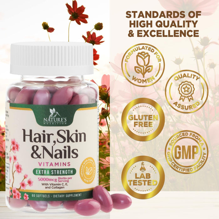 Hair Vitamins Biotin 5000 mcg Collagen for Hair Skin and Nails Vitamin Nature's, Supports Supplement Fast Fuller Thicker Healthy Growth Support, with Hyaluronic Acid Women & Men, Non-GMO, 60 Softgels