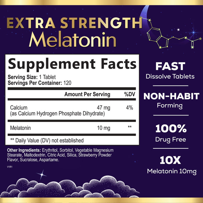 Melatonin 10mg - Sleep Support Supplements for Adults - Extra Strength Fast Dissolve 10 mg Melatonin Tablets for Restful Sleep Support, Natural Strawberry Flavor, Sugar-Free Non-GMO - 120 Day Supply