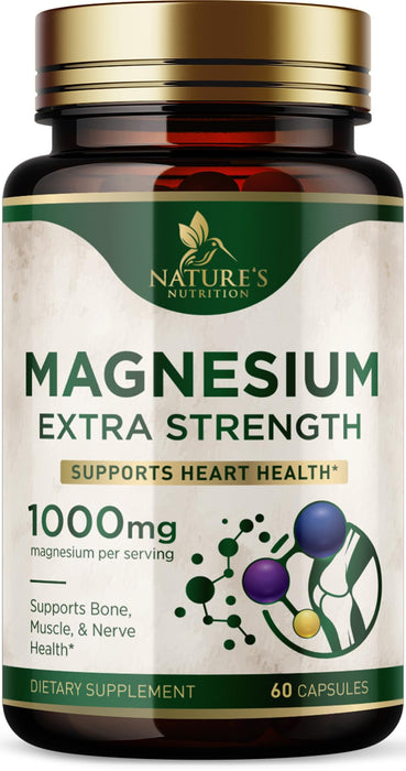 Magnesium Supplement (Citrate Oxide) 1000mg for Best Absorption, Supports Bone, Heart Health, Nerves, Muscles & Metabolism, Nature's Pure Magnesio Vitamin Pills, Bottled in USA, 60 Capsules