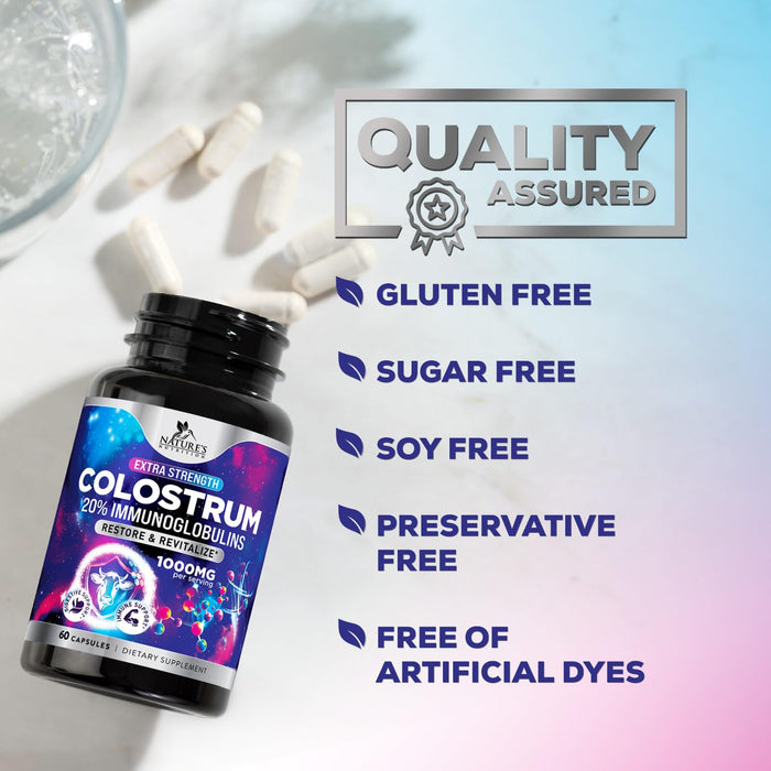 Colostrum For Women Supplement 1000mg 20% Immunoglobulins for Muscle, Skin & Hair Support - Gut Health Digestive & Immune Support - Bovine Colostrum Powder - Gluten Free & Unflavored - 60 Capsules