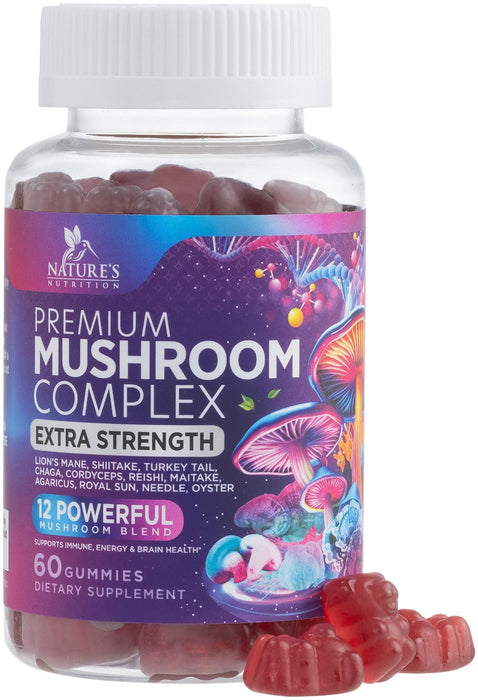 Mushroom Supplement Gummies - 12 in 1 with Lions Mane, Reishi, Cordyceps, Chaga & Turkey Tail Mushroom Complex, Immune Support & Nootropic Brain Supplements for Memory, Energy & Focus - 60 Gummies
