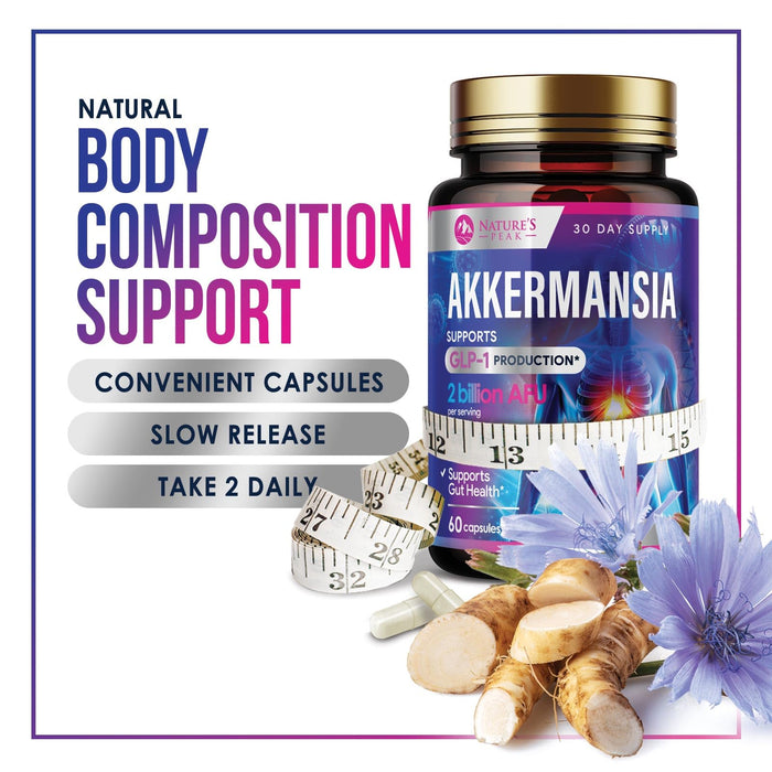 Akkermansia Probiotic Supplement - 2 Billion AFU GLP-1 Supplement with Prebiotic Fiber - Akkermansia Muciniphila GLP-1 Probiotics for Women & Men - Digestive, Gut & Immune Support - 60 Capsules