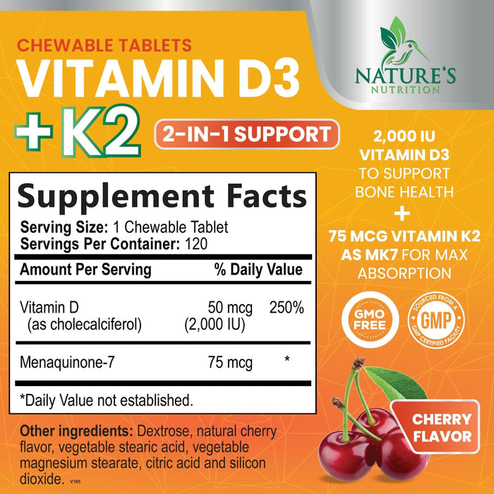 Vitamin D3 K2 2000 IU Plus with K2 (MK-7) 75 mcg - Vitamins D & K Complex Supplement for Bone, Teeth, Muscle, Calcium Absorption, Supports Immune & Heart Health, Non-GMO Chewable Formula - 120 Tablets