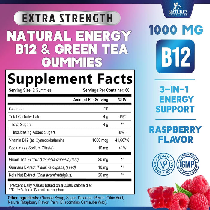 Energy Gummies 1000mcg - with Vitamin B12, Green Tea Natural Caffeine Support, Daily Energy Gummies - Delicious Berry Flavor B12 Chewable Exercise Supplement for Running Cycling & Sports - 120 Chews