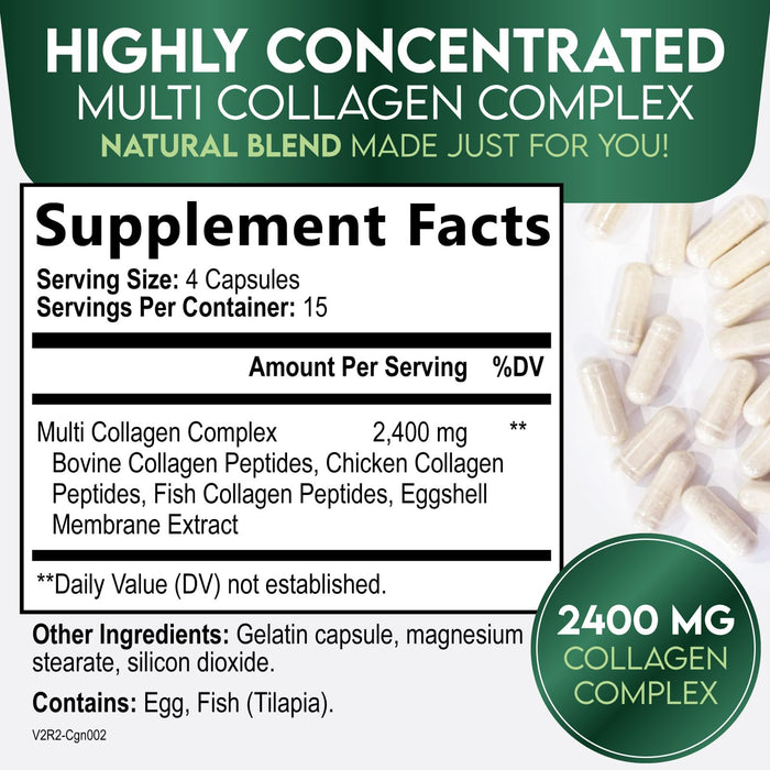 Multi Collagen Peptides Supplement 2400 mg, Types I, II, III, V & X Multi Collagen Pills Complex, Hydrolyzed Collagen Peptides Supplements, Hair, Skin, Nail, and Joint Support Supplement, 60 Capsules