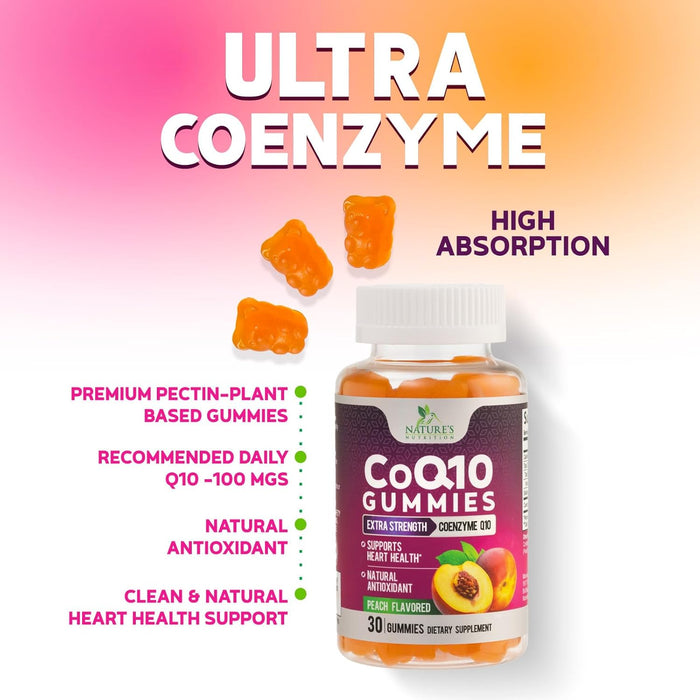 Nature's Nutrition CoQ10 Gummies 100mg – High Absorption Coenzyme Q10 Supplement for Heart Health, Energy & Antioxidant Support – Peach Flavor Gummy, Vegan, Non-GMO, Gluten Free – 30 Count