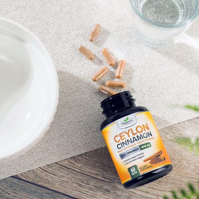 Ceylon Cinnamon Capsules 1800mg - Certified Organic Cinnamon, Bottled in USA, & Pure Extra Strength Ceylon Cinnamon Supplement, Antioxidant Pills, Non-GMO & Gluten Free, Sugar Free - 60 Capsules