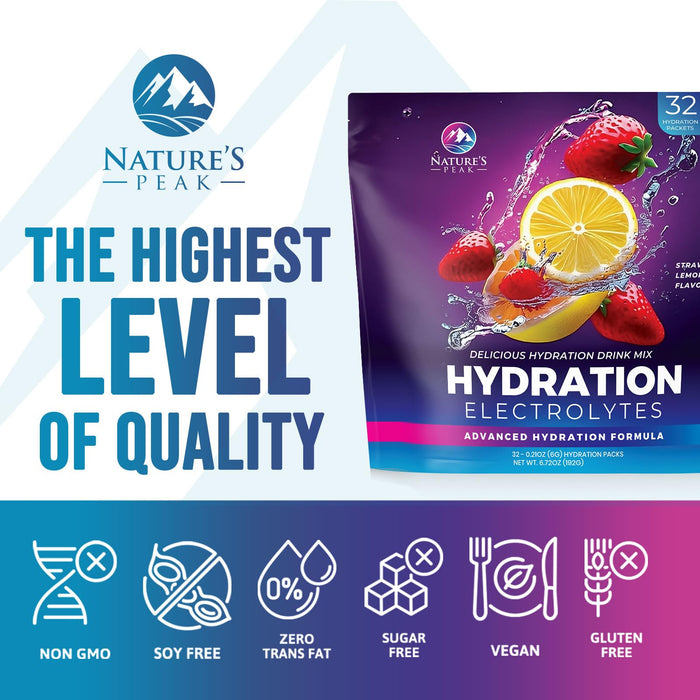 Electrolyte Hydration Packets - Best Electrolytes Drink Mix - Sugar Free Formula with Sodium, Potassium, Magnesium, Zinc & Vitamin C for Dehydration Relief and Rehydration, Strawberry Lemon (32 Pack)