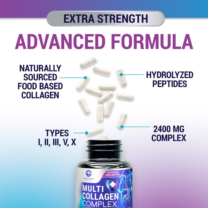 Multi Collagen Peptides Supplement for Hair, Nail, Skin - Type I, II, III, V, X, Collagen Powder Pills - Grass-Fed, Hydrolyzed for Bone and Joint Support for Women & Men, Non-GMO - 60 Capsules