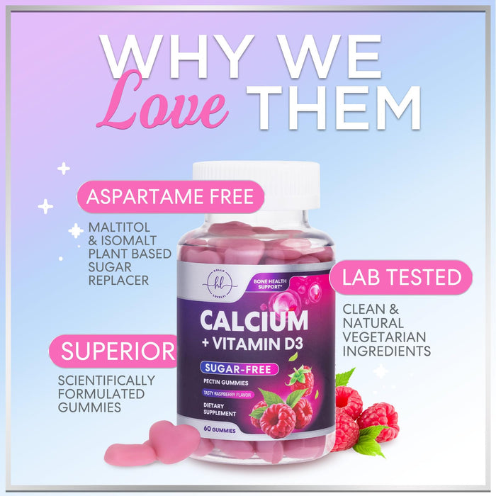 Calcium Supplements for Women - Sugar Free Calcium Gummies with Vitamin D3 for Bone Strength, Teeth & Immune Health Support, Natural Chews for Women & Men - Raspberry Flavored & Non-GMO - 60 Gummies