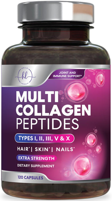 Multi Collagen Peptides Supplement - Hydrolyzed Types I, II, III, V & X Multi Collagen Pills, Hydrolyzed Collagen Peptides Supplements, Hair, Skin, Nail, and Joint Support Supplement, 120 Capsules