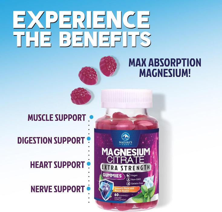 Magnesium Citrate Supplement Gummies - High Absorption Magnesium Gummy for Adults & Kids, Magnesio Citrate Supplements for Bone, Muscle Health, Heart Support, Vegan, Gluten Free, Non-GMO - 60 Gummies