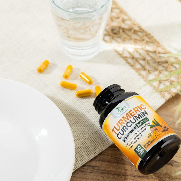 Turmeric Curcumin Supplement with BioPerine 95% Curcuminoids 2600mg with Black Pepper for Best Absorption, Bottled in USA, Best Natural Vegan Joint Support, Nature's Non-GMO Tumeric - 120 Capsules