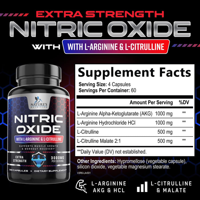 Nitric Oxide Booster Extra Strength 3000mg - L Arginine 3X Strength Nitric Oxide Supplements for Men and Women, Citrulline, Supports Muscle, Heart Health & Energy Supplement, Non-GMO - 240 Capsules