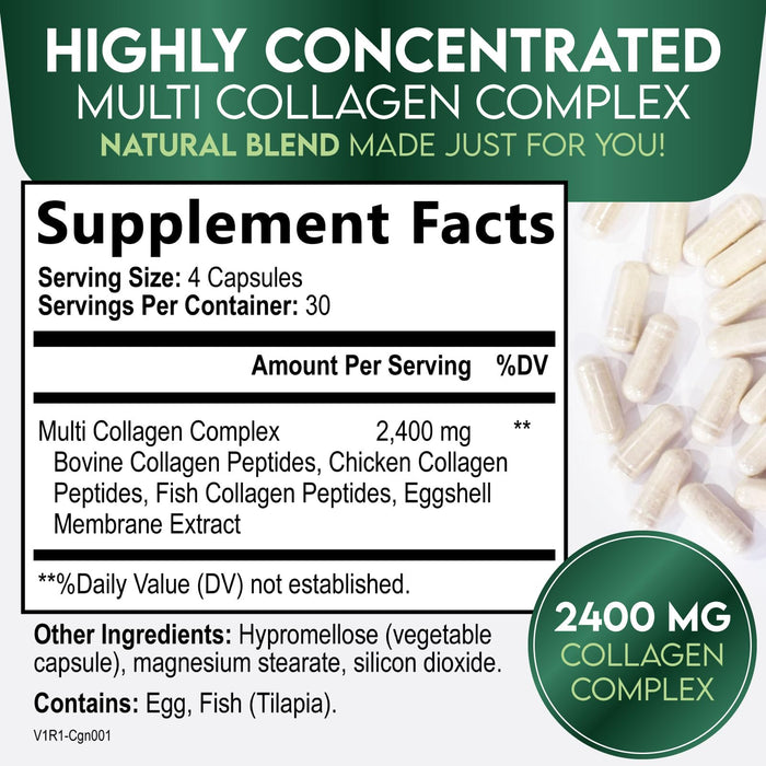 Multi Collagen Peptides Supplement 2400 mg, Types I, II, III, V & X Multi Collagen Pills Complex, Hydrolyzed Collagen Peptides Supplements, Hair, Skin, Nail, and Joint Support Supplement, 120 Capsules